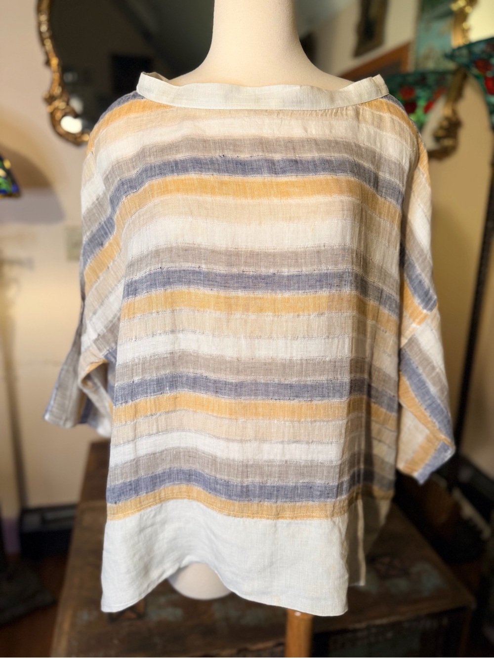 Italian Made Striped Linen Blend Boatneck Top - White Yellow & Blue